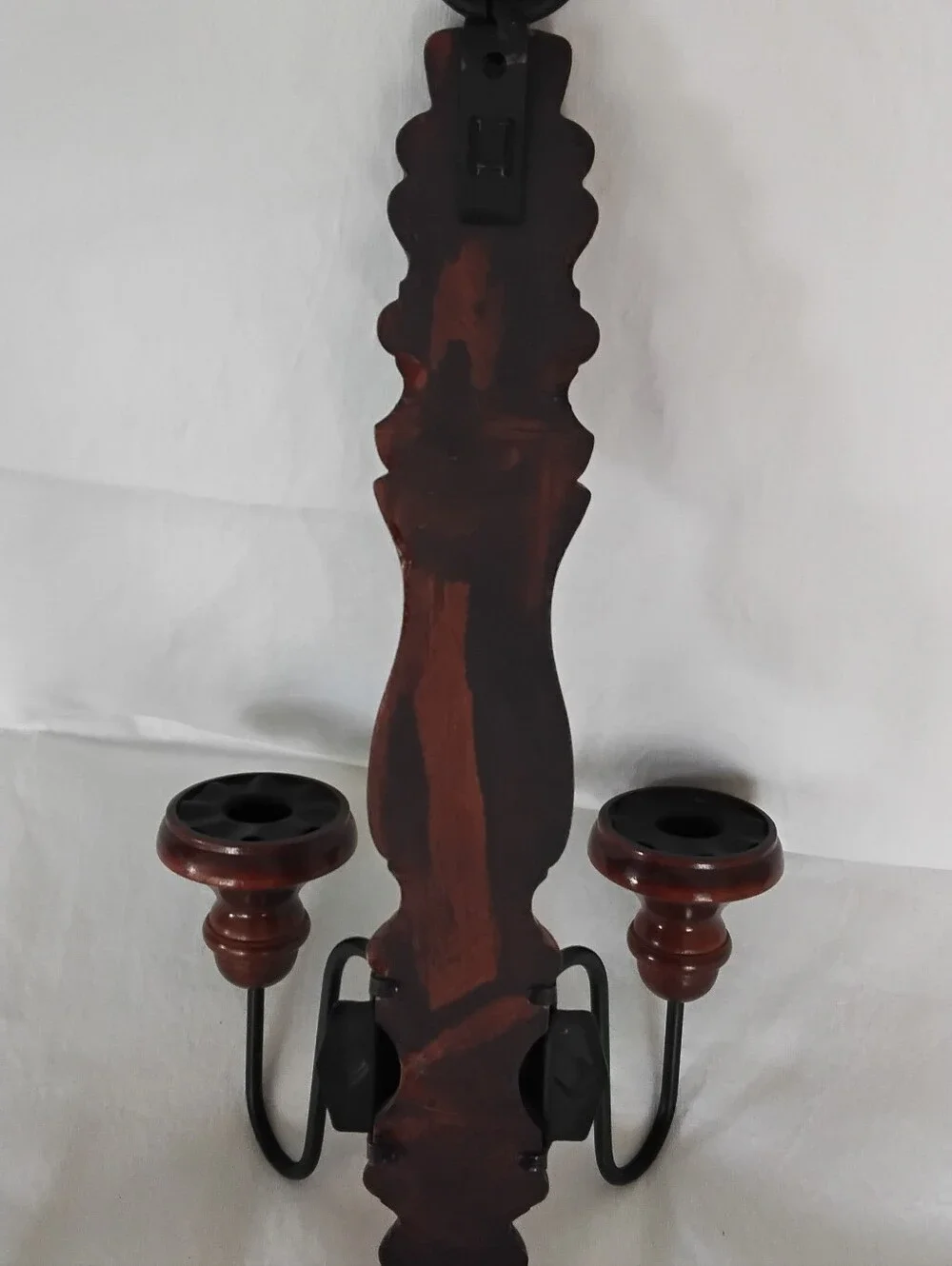 Vtg Wood and Metal 2 Arm Wall Sconce Candle Holder- Brown and Black